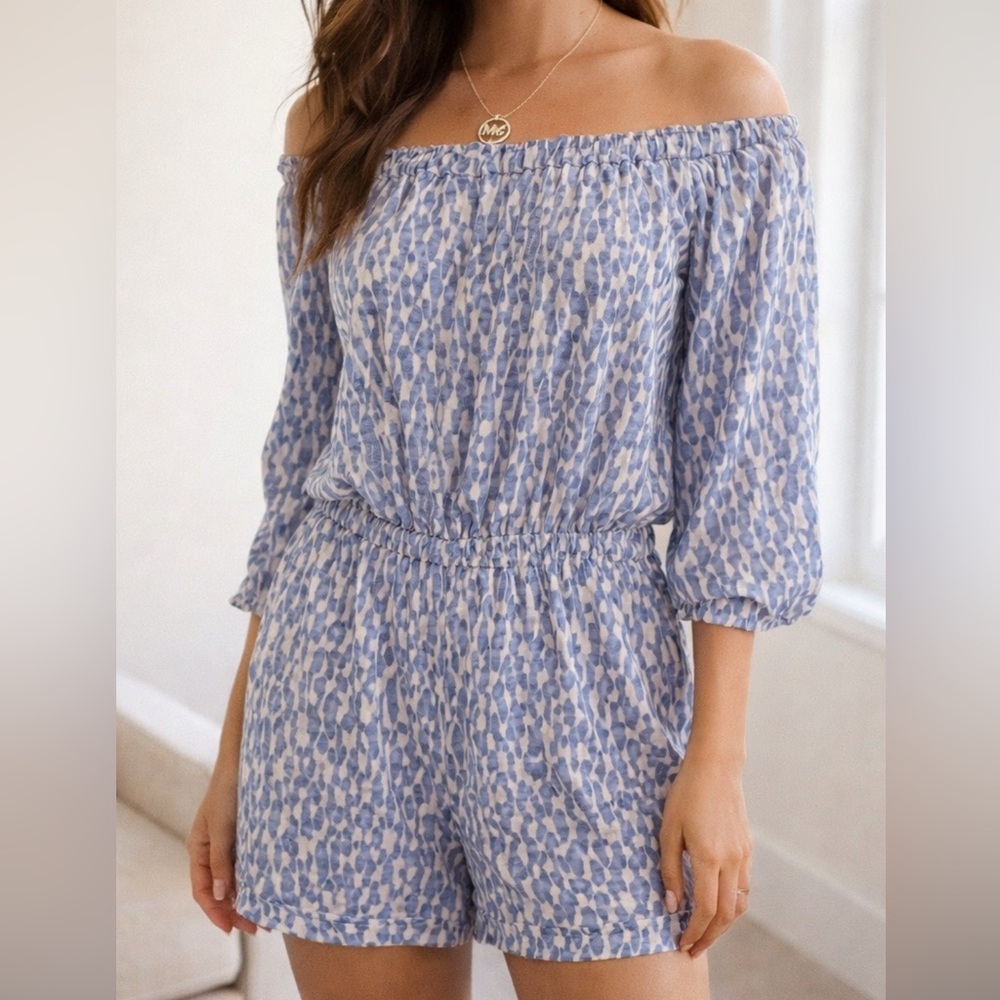 MICHAEL Michael Kors Long Sleeve Off shoulder Blue and White Coastal Romper
